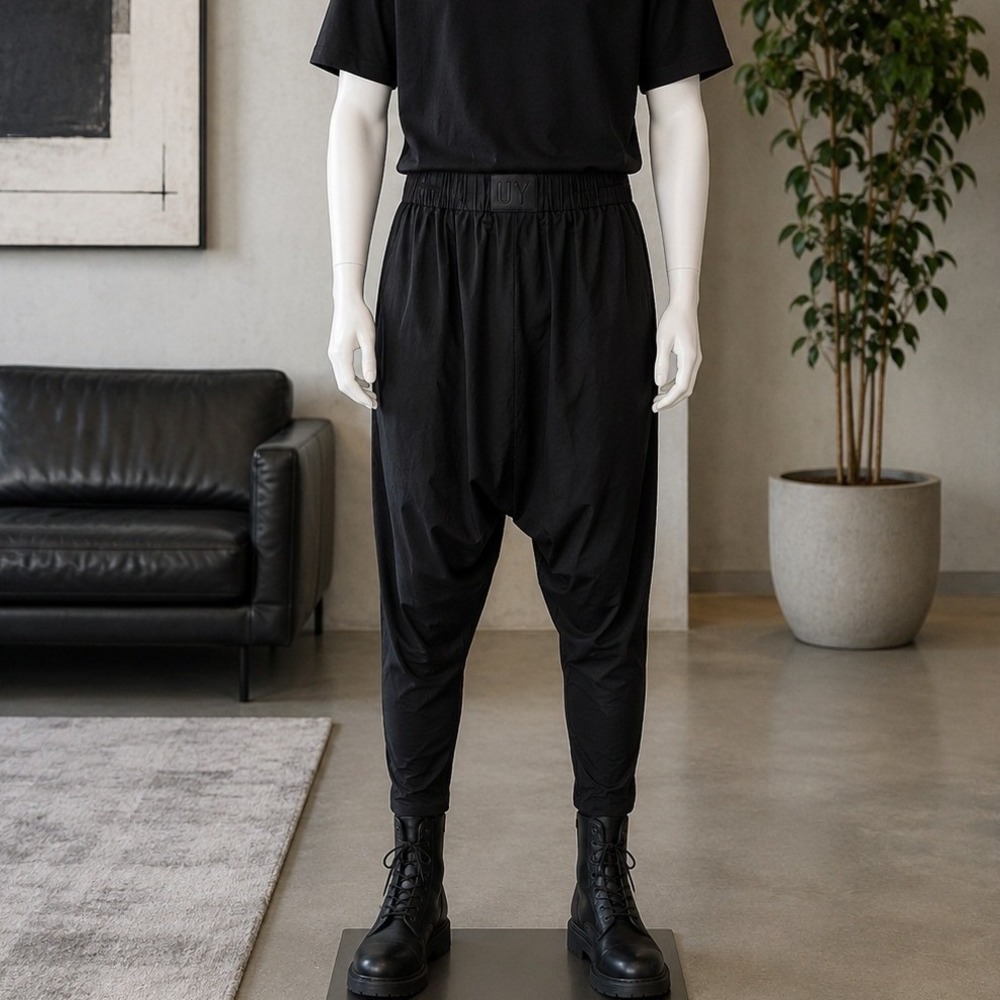UY Studio Unisex Drop Crotch Trousers Black Minimalist Harem Pants Medium